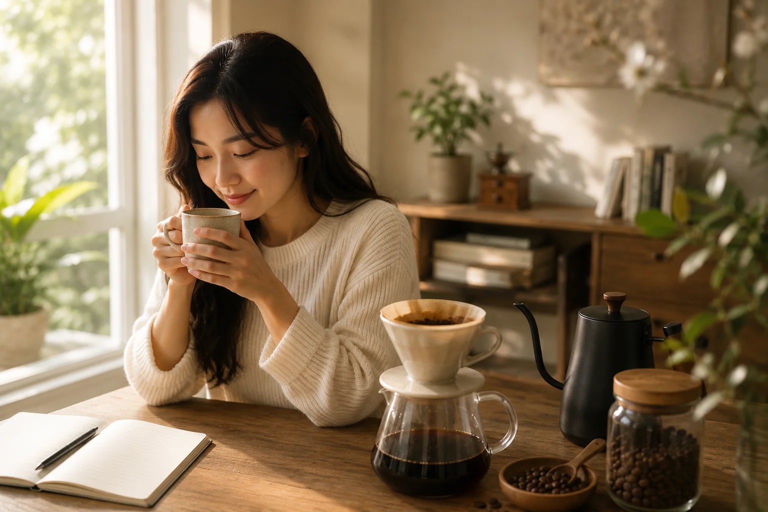 KD Coffee 耳掛咖啡在晨光木桌上的第一次精品咖啡沖泡情境