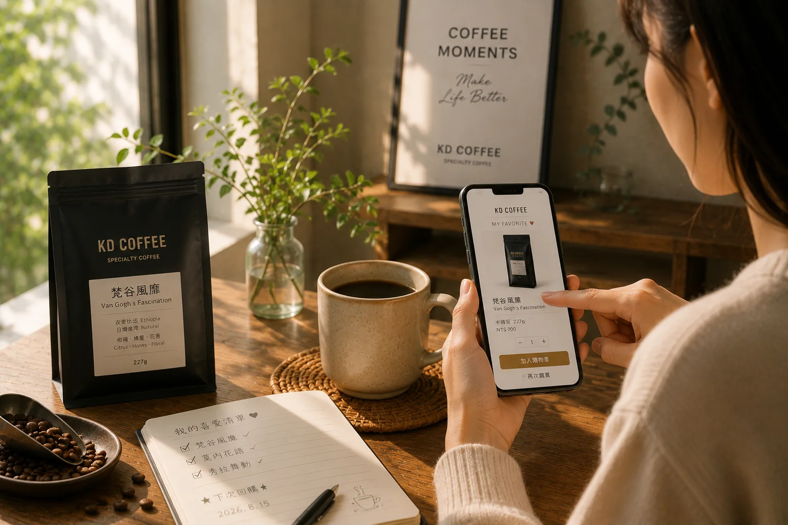KD Coffee 熟客在工作桌上準備再次購買精品咖啡的情境