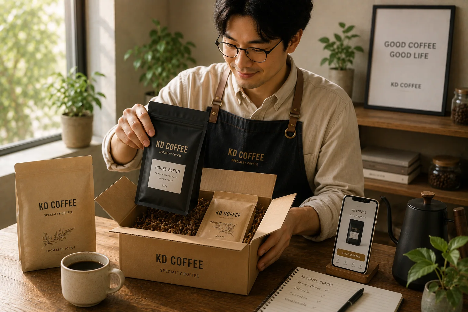 KD Coffee 精品耳掛咖啡禮盒與提袋的送禮情境